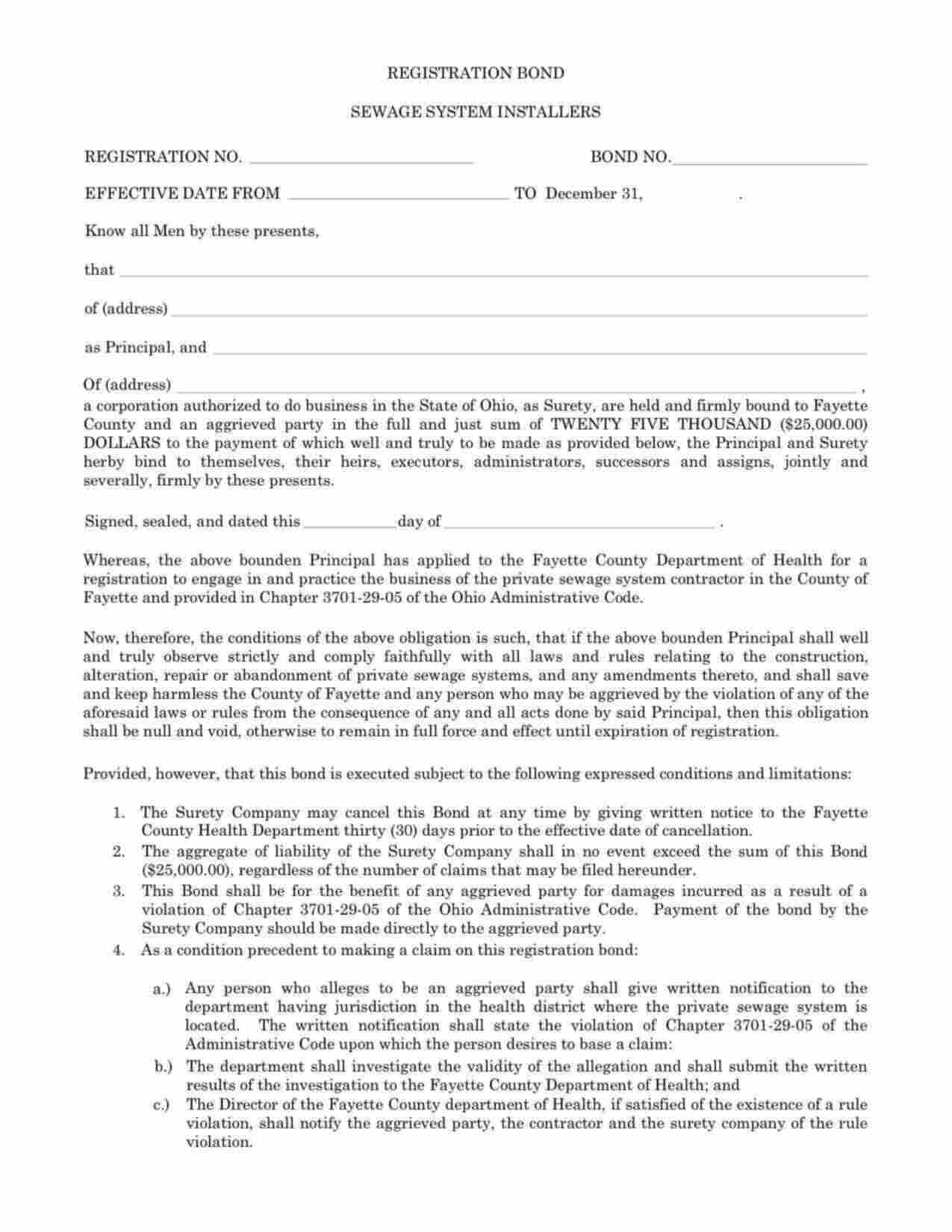 Ohio Sewage System Installers Bond Form