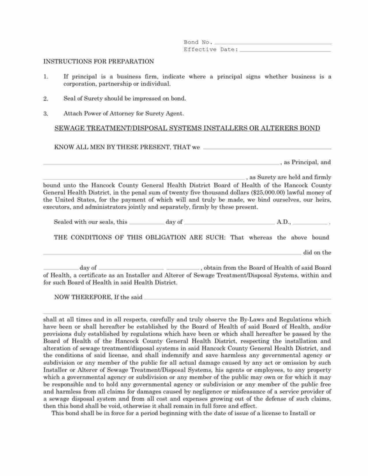 Ohio Sewage Treatment/Disposal Systems Installers or Alterers Bond Form