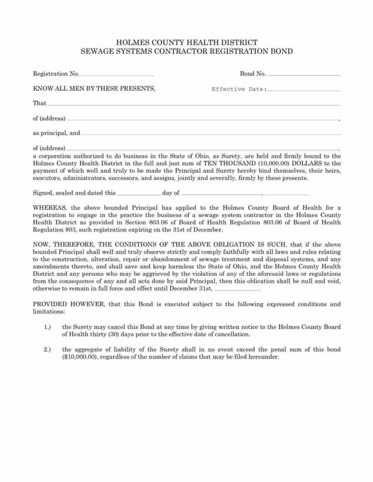 Ohio Sewage Systems Contractor Registration Bond Form