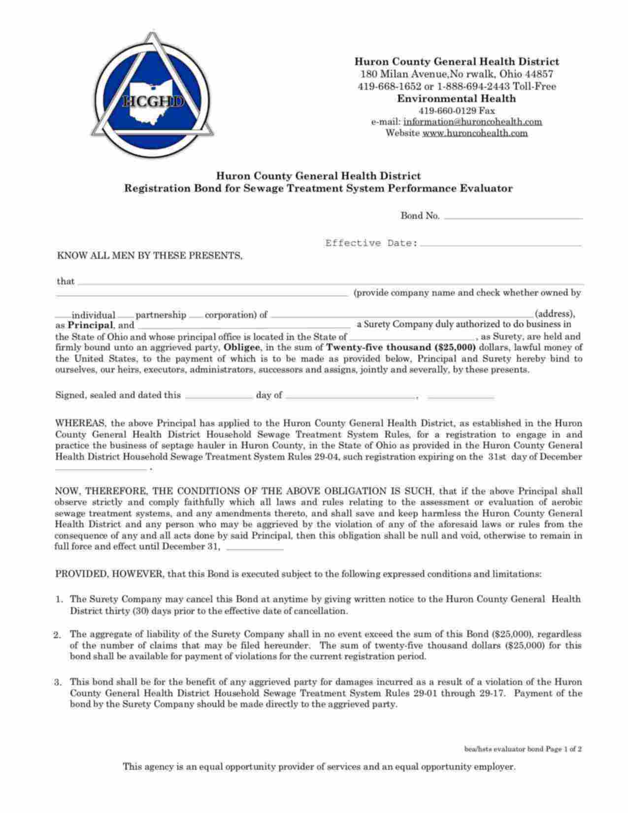 Ohio Sewage Treatment System Performance Evaluator Bond Form