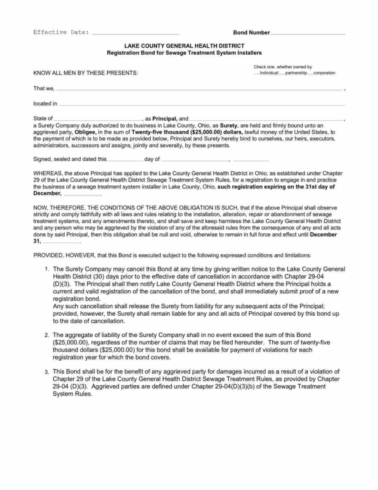 Ohio Sewage Treatment System Installers Bond Form