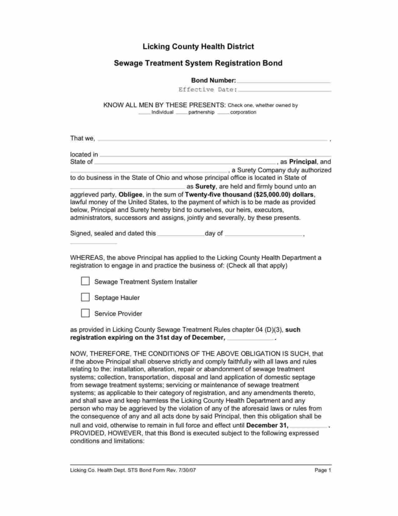 Ohio Sewage Treatment System Installer Bond Form