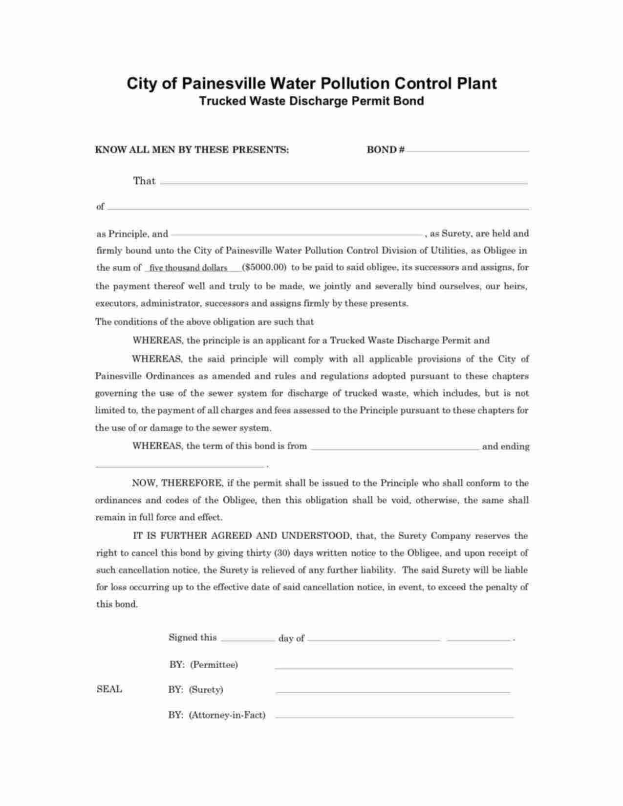 Ohio Trucked Waste Discharge Permit Bond Form