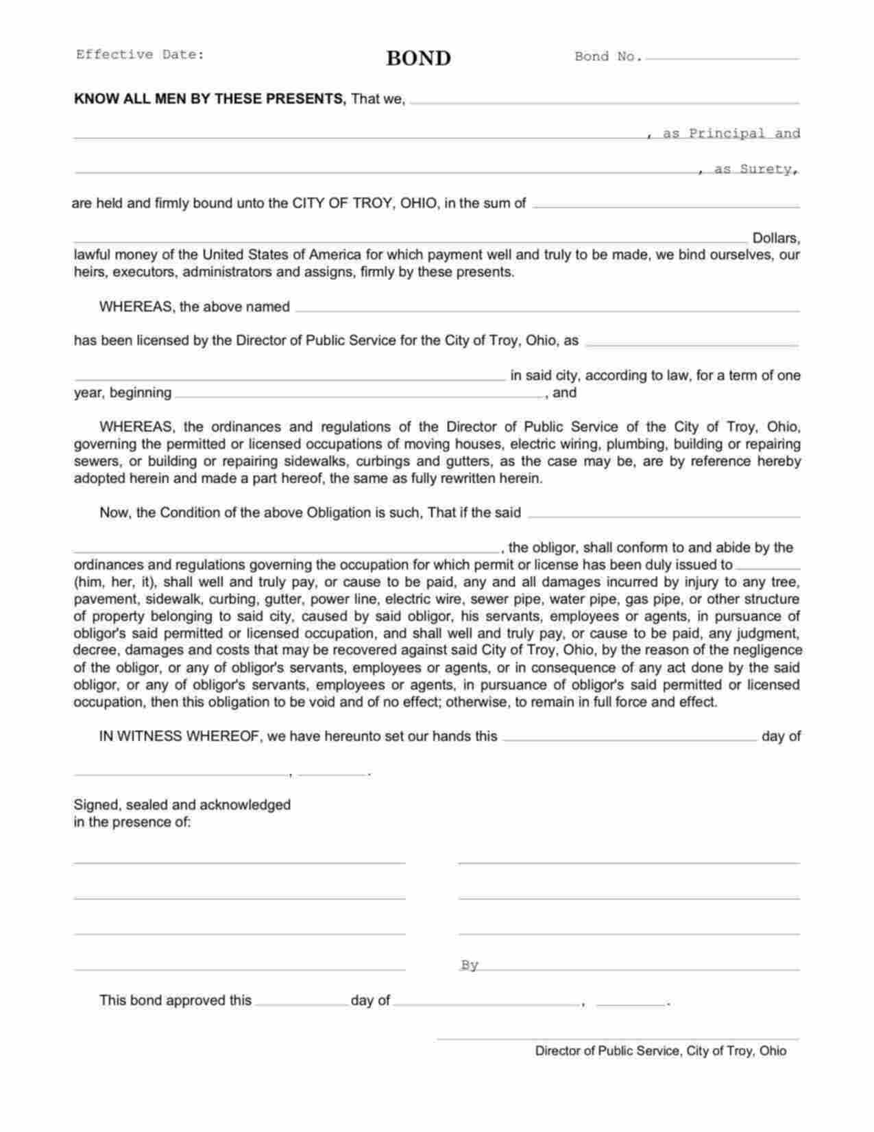 Ohio License/Permit Bond Form