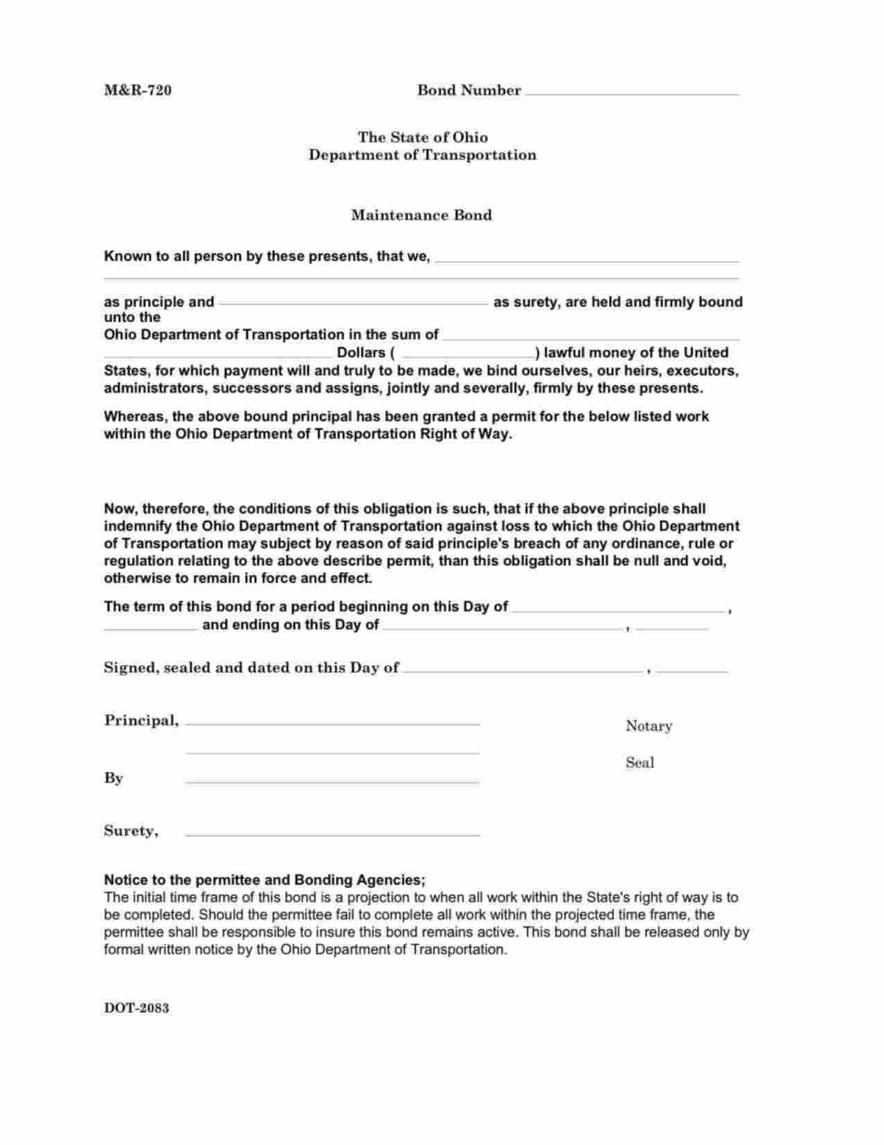 Ohio Highway Right of Way Maintenance (M&R 720) Bond Form