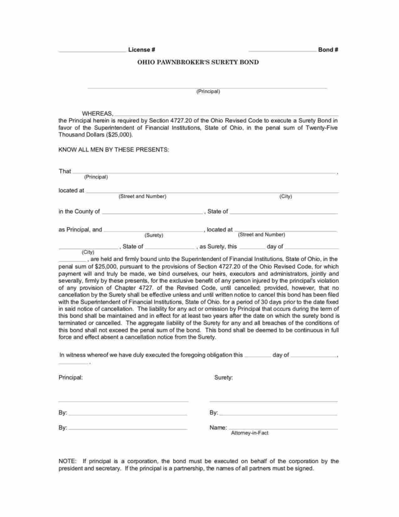 Ohio Pawnbroker Bond Form