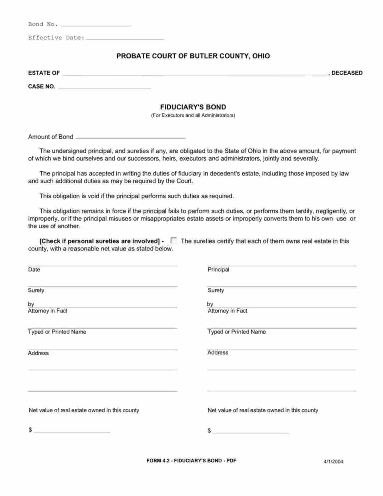 Ohio Administrator/Executor Bond Form