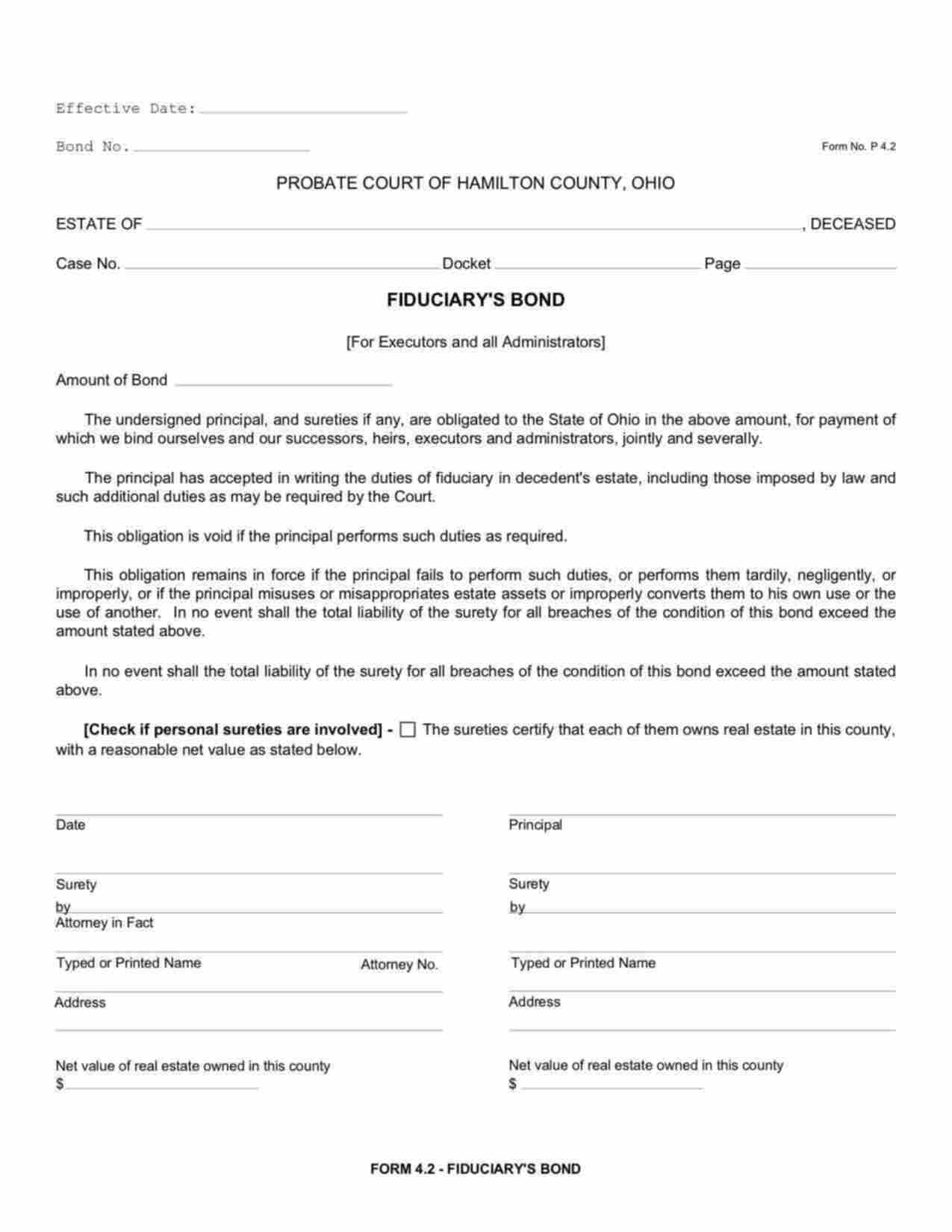 Ohio Administrator/Executor Bond Form