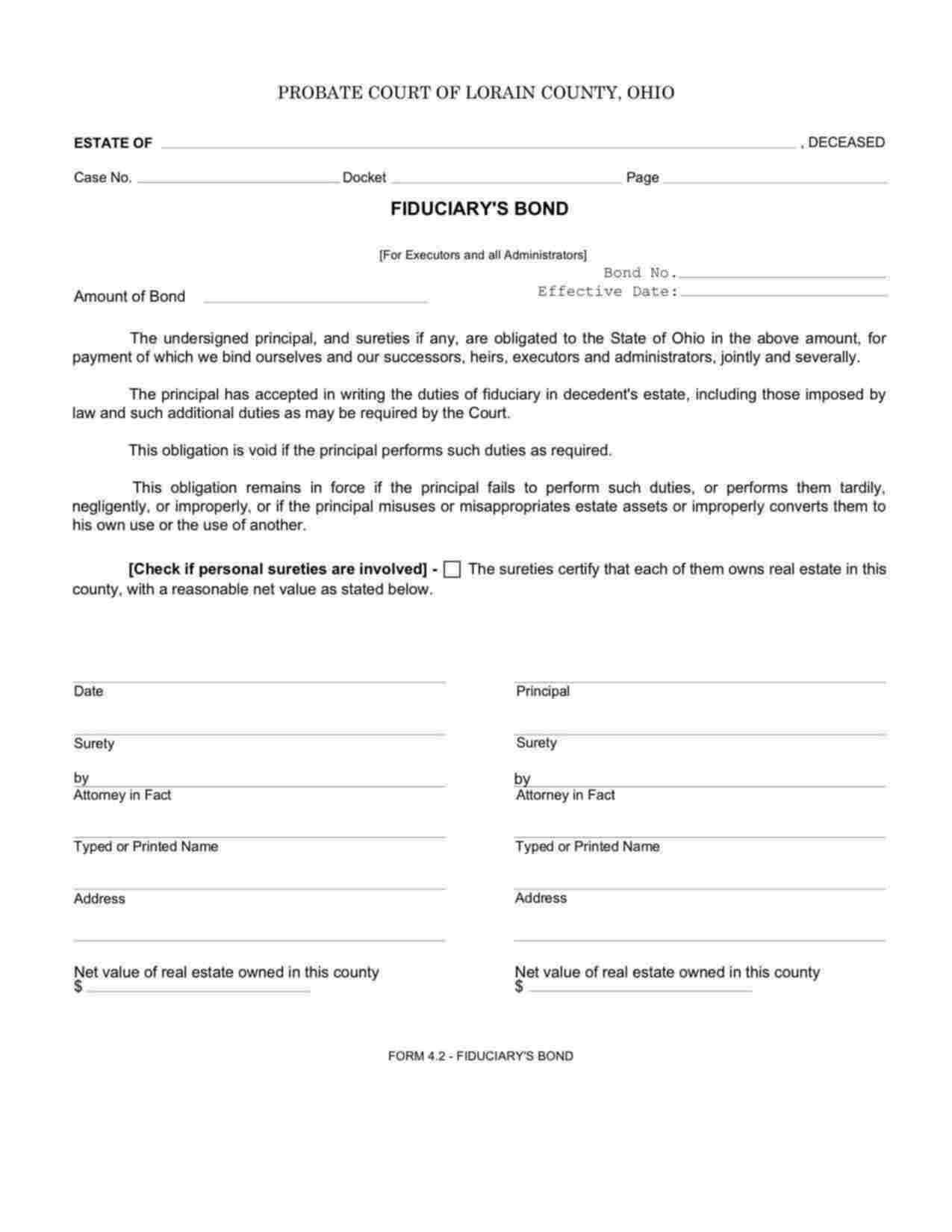 Ohio Administrator/Executor Bond Form