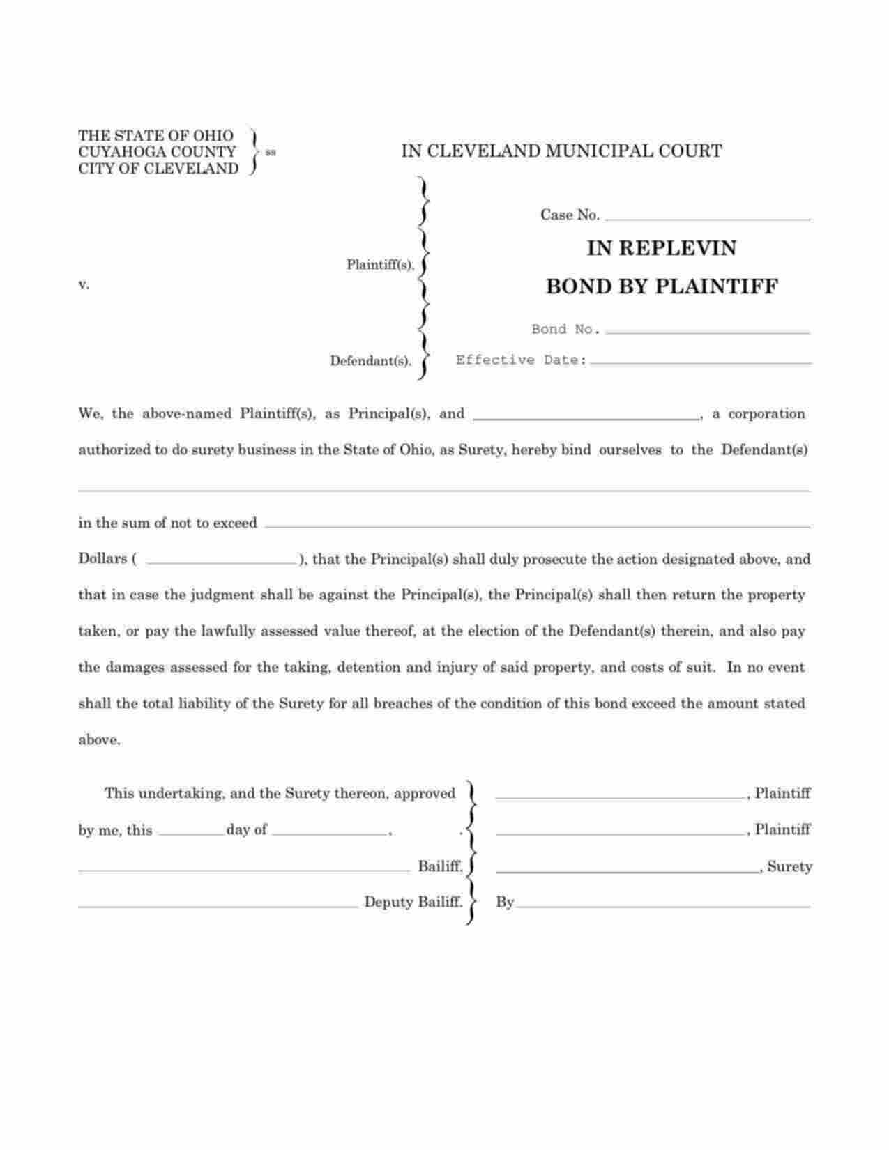 Ohio Plaintiffs Replevin Bond Form