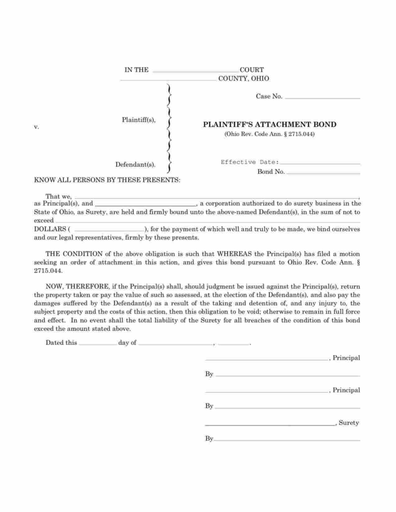 Ohio Plaintiffs Attachment Bond Form