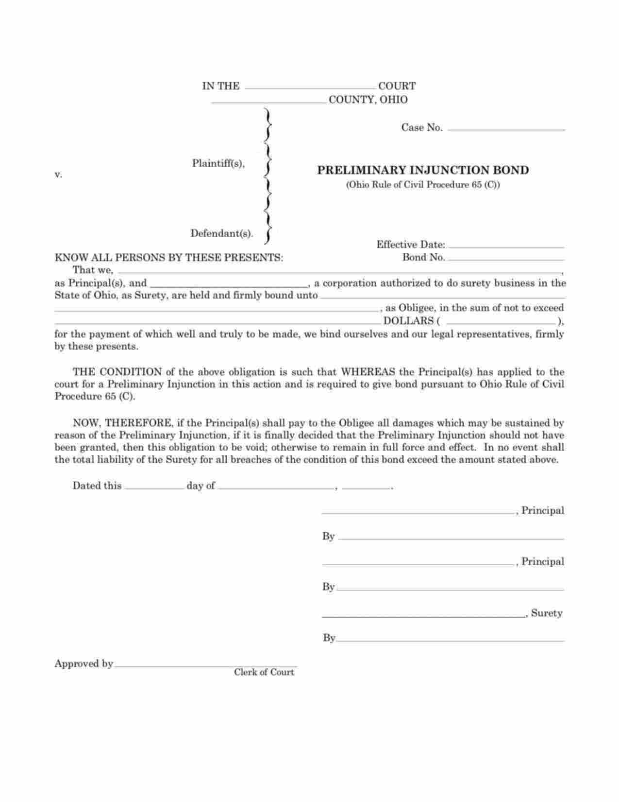 Ohio Preliminary Injunction Bond Form