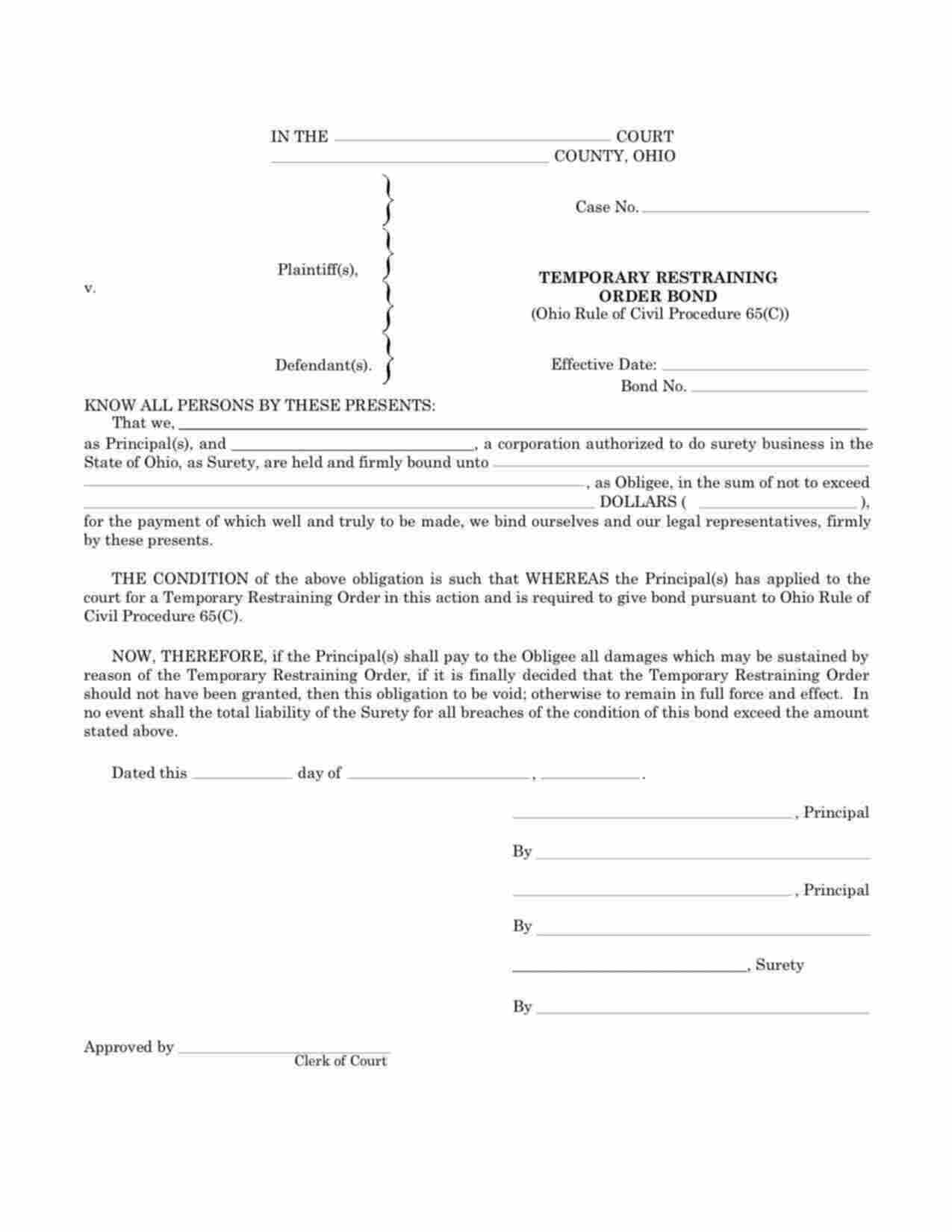 Ohio Temporary Restraining Order Bond Form
