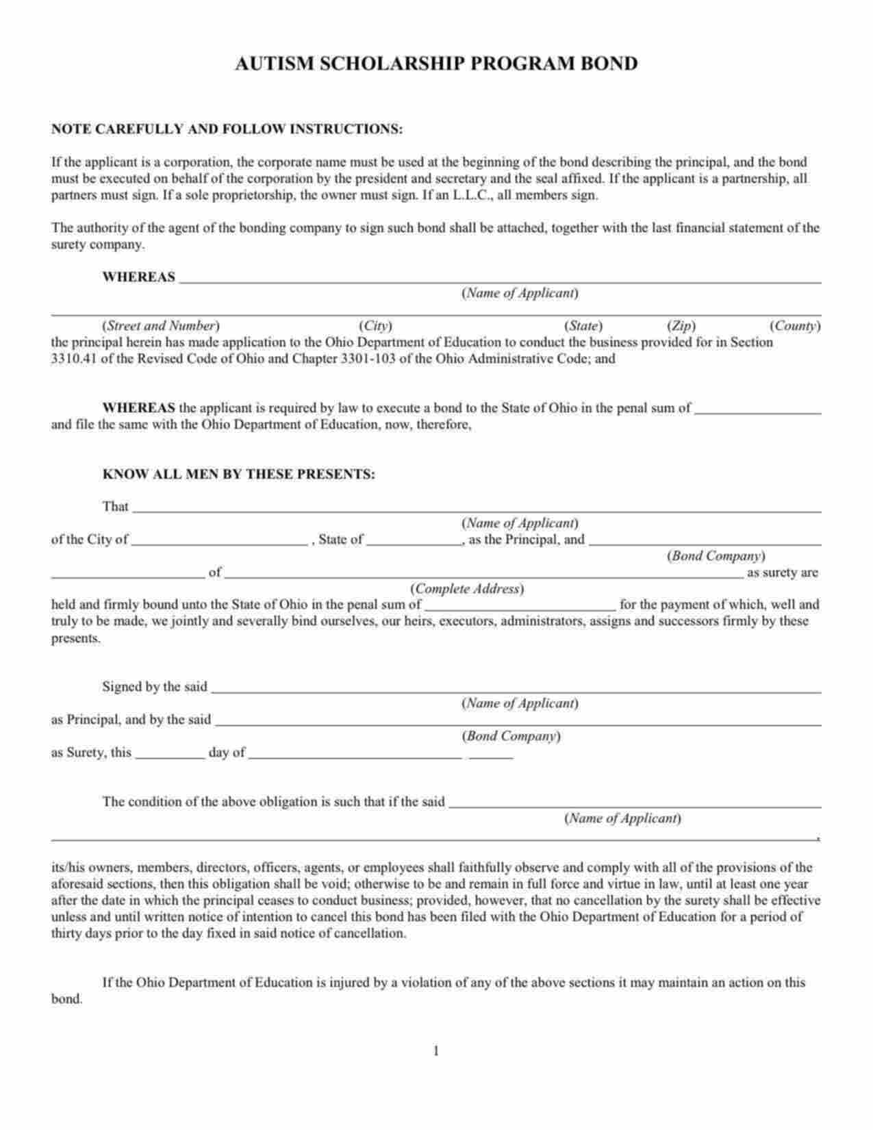 Ohio Autism Scholarship Program Bond Form