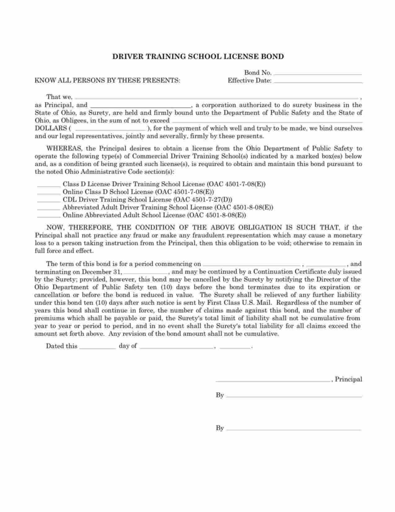 Ohio Driver Training School - Abbreviated Adult Bond Form