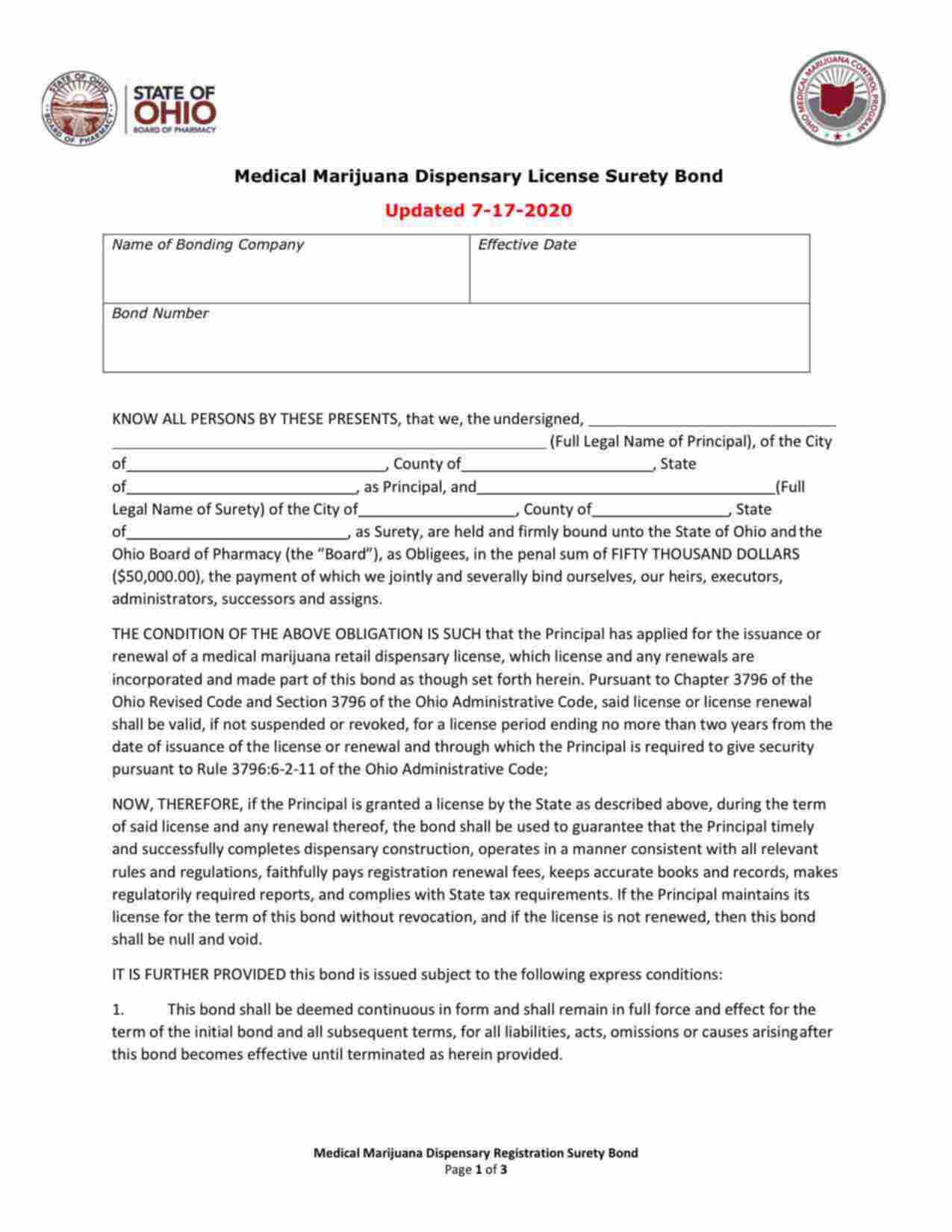 Ohio Medical Marijuana Dispensary License Bond Form