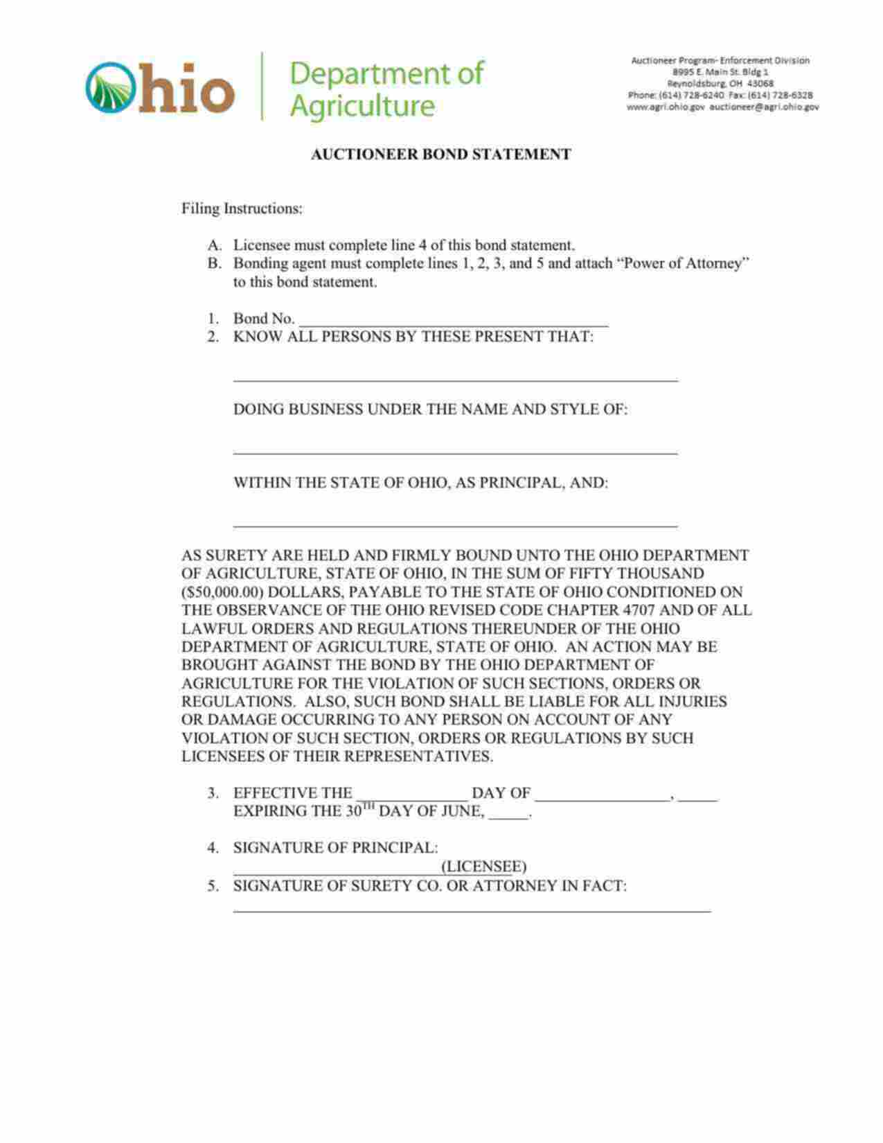 Ohio One-Time Auctioneer Bond Form