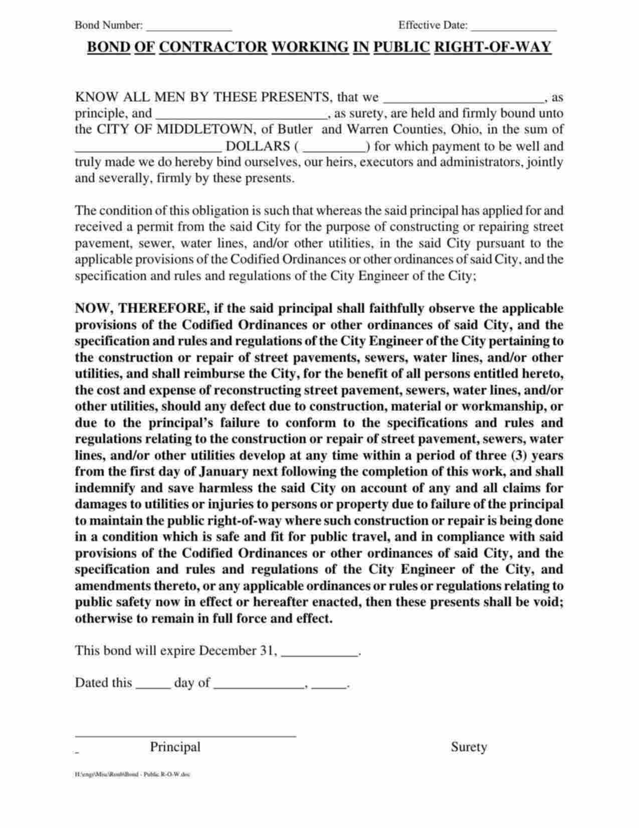 Ohio Contractor Working in Public Right-of-Way Bond Form