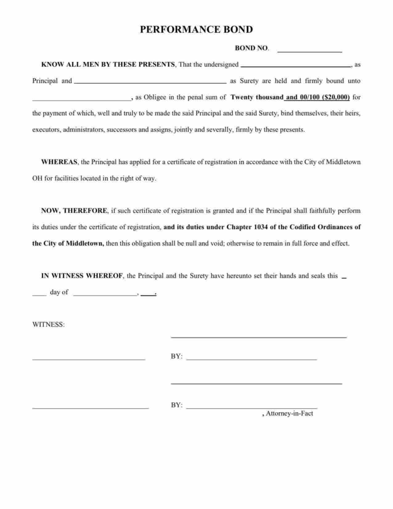 Ohio Facilities Right of Way Performance Bond Form