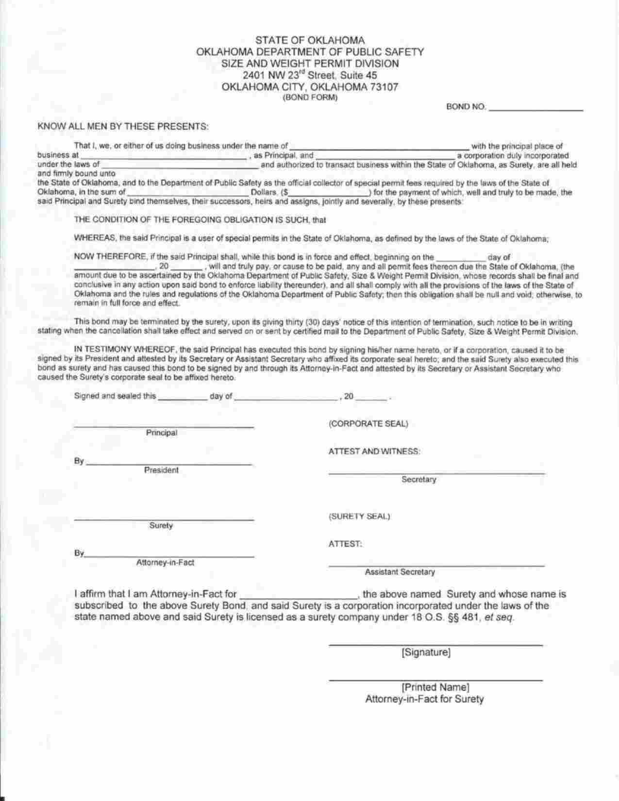 Oklahoma Size and Weight Permit Bond Form