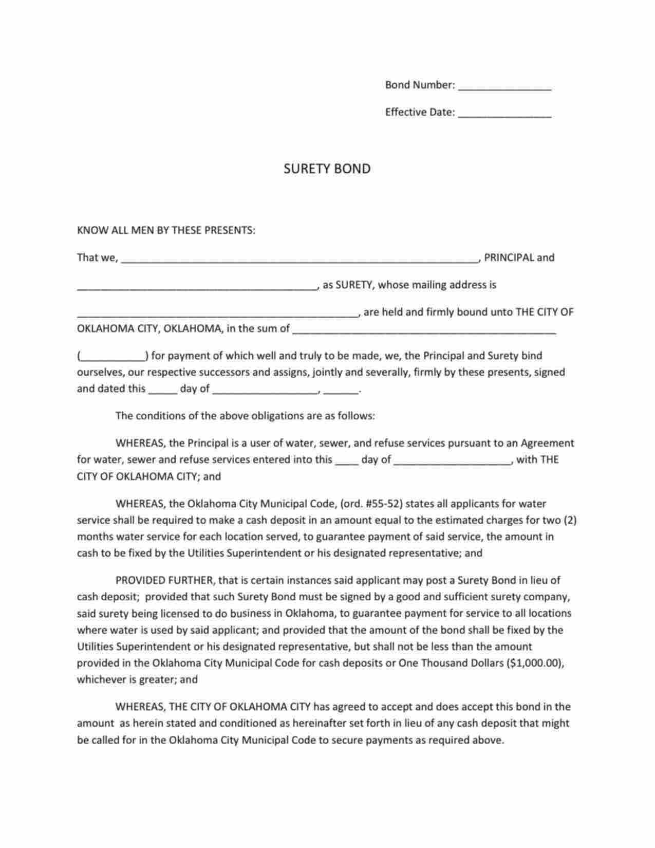 Oklahoma Utility Deposit Bond Form