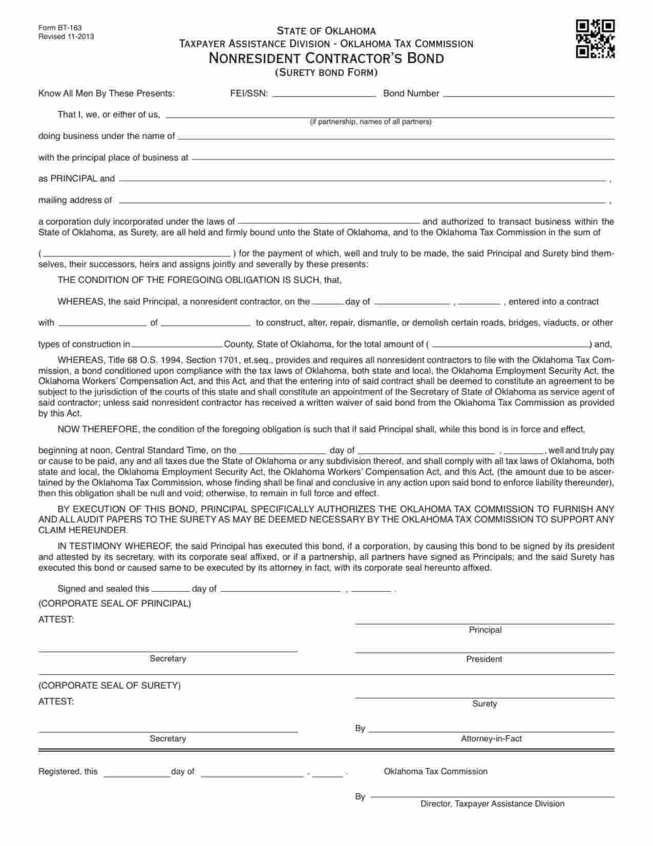 Oklahoma Nonresident Contractor Bond Form