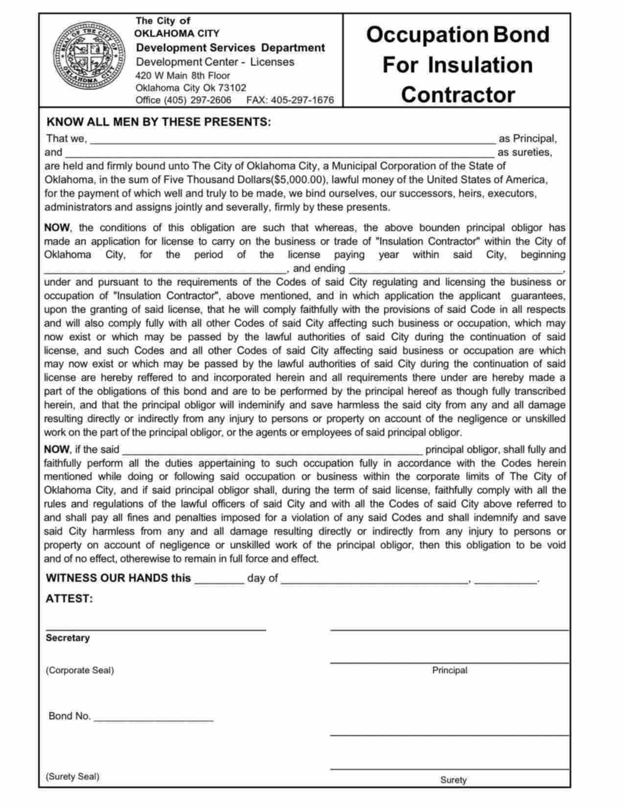 Oklahoma Insulation Contractor Bond Form