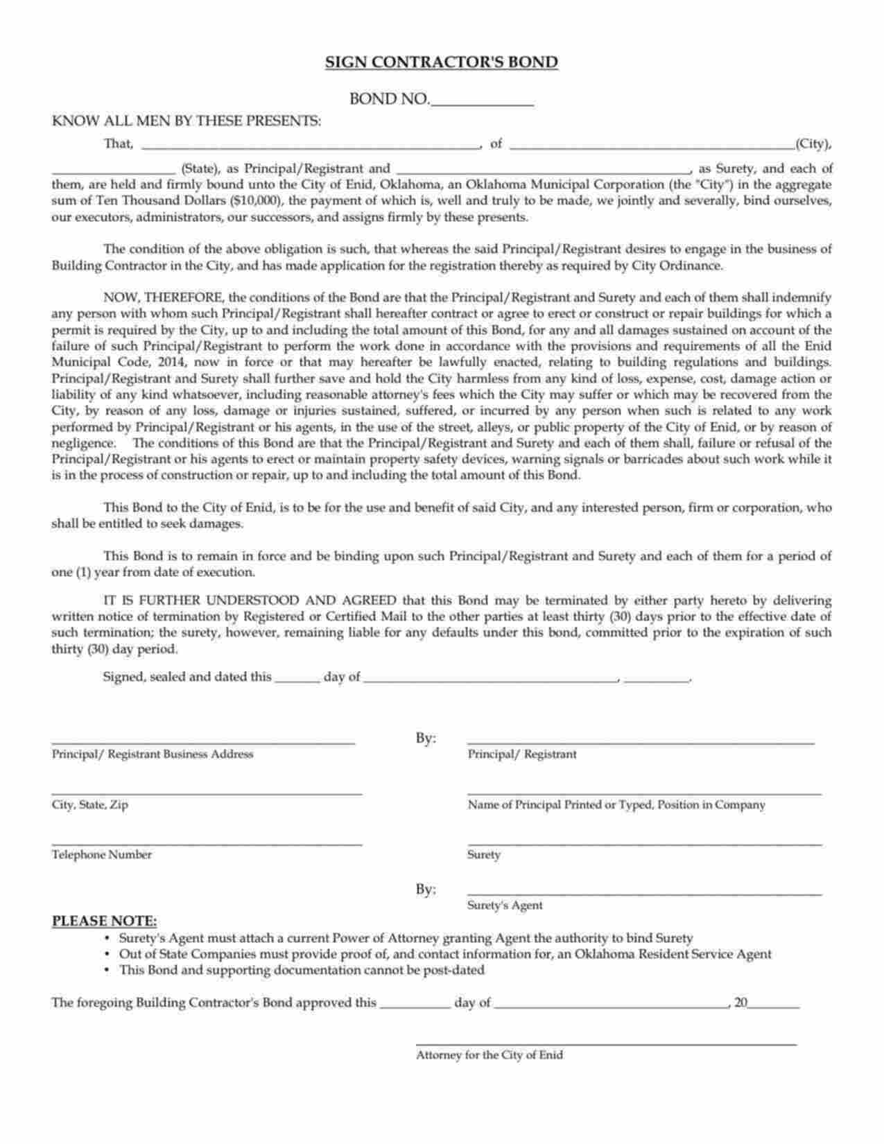 Oklahoma Sign Contractor Bond Form