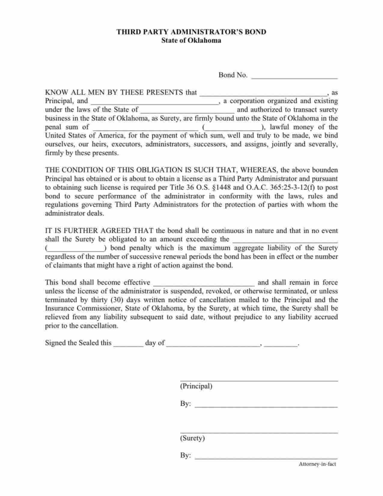 Oklahoma Third Party Administrator Bond Form