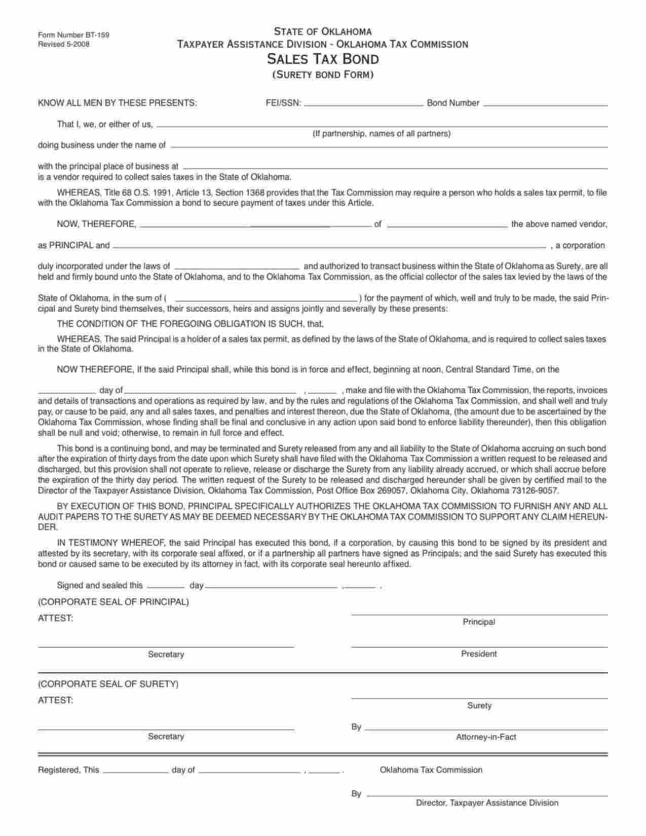 Oklahoma Sales Tax Bond Form