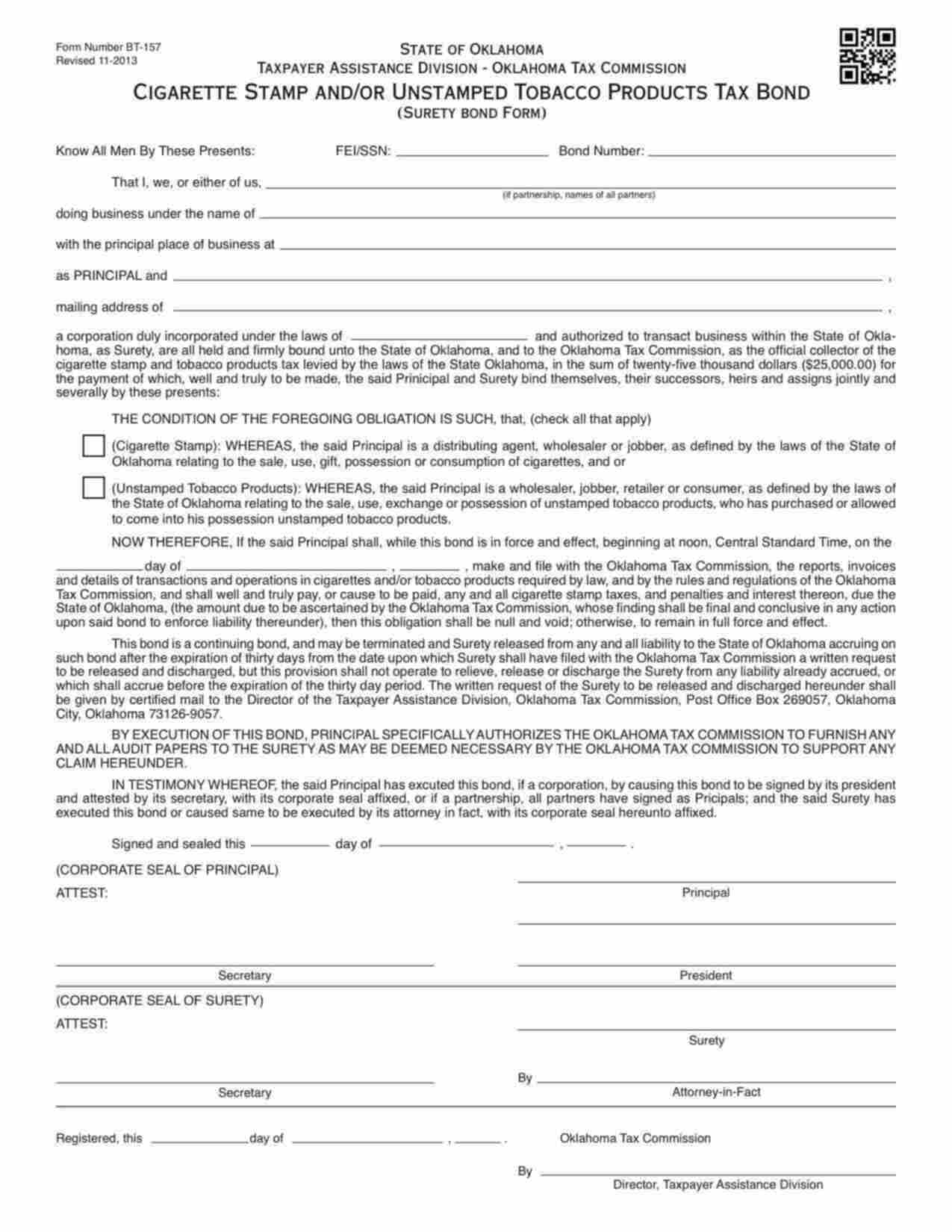 Oklahoma Unstamped Tobacco Tax Bond Form