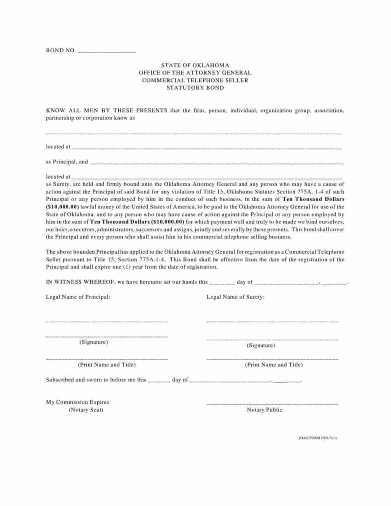 Oklahoma Commercial Telephone Seller Bond Form