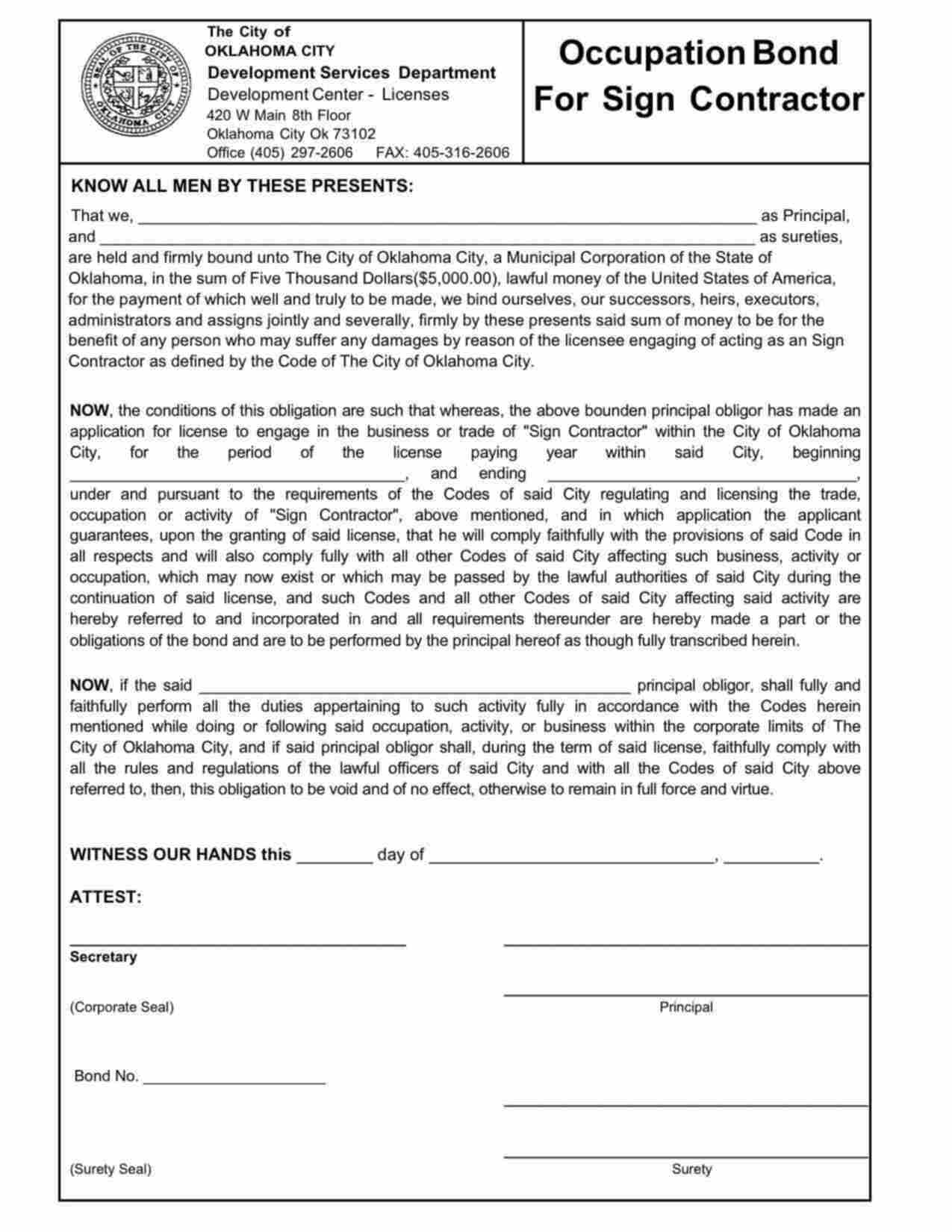 Oklahoma Sign Contractor Bond Form