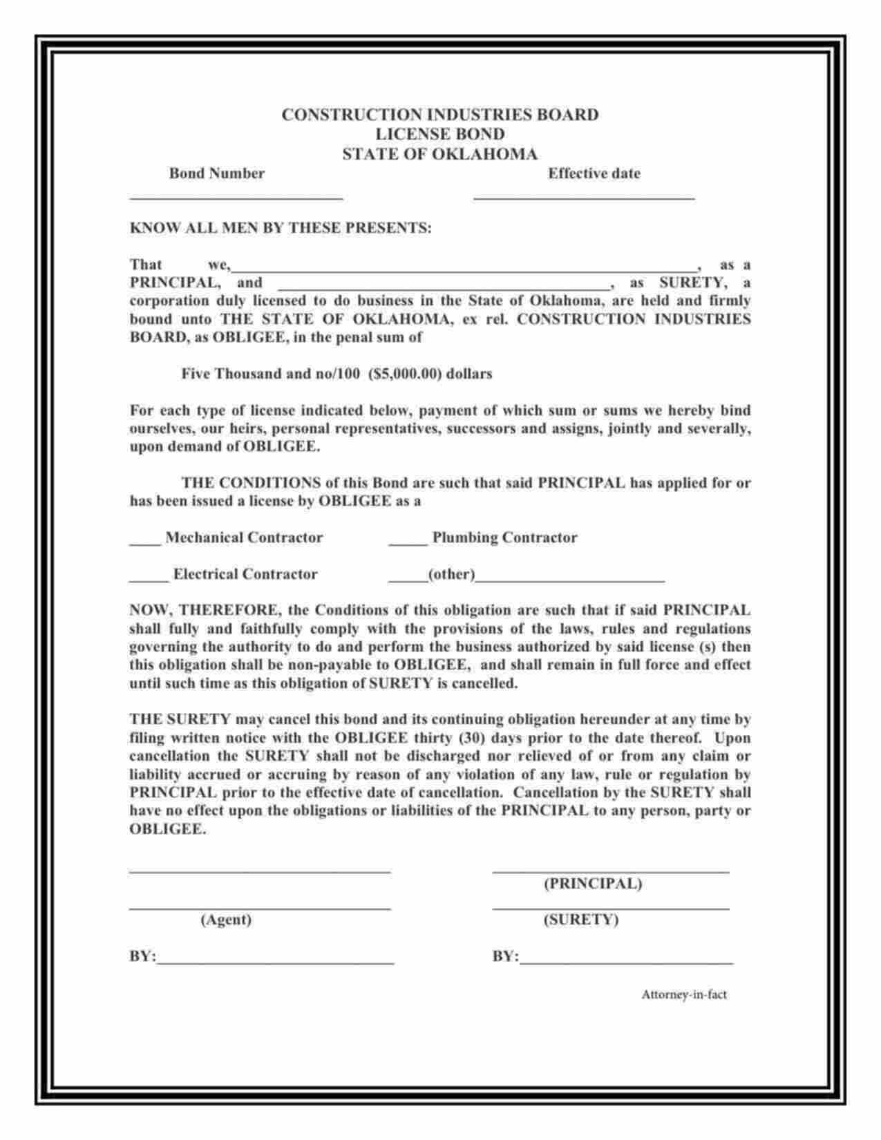 Oklahoma Mechanical Contractor Bond Form