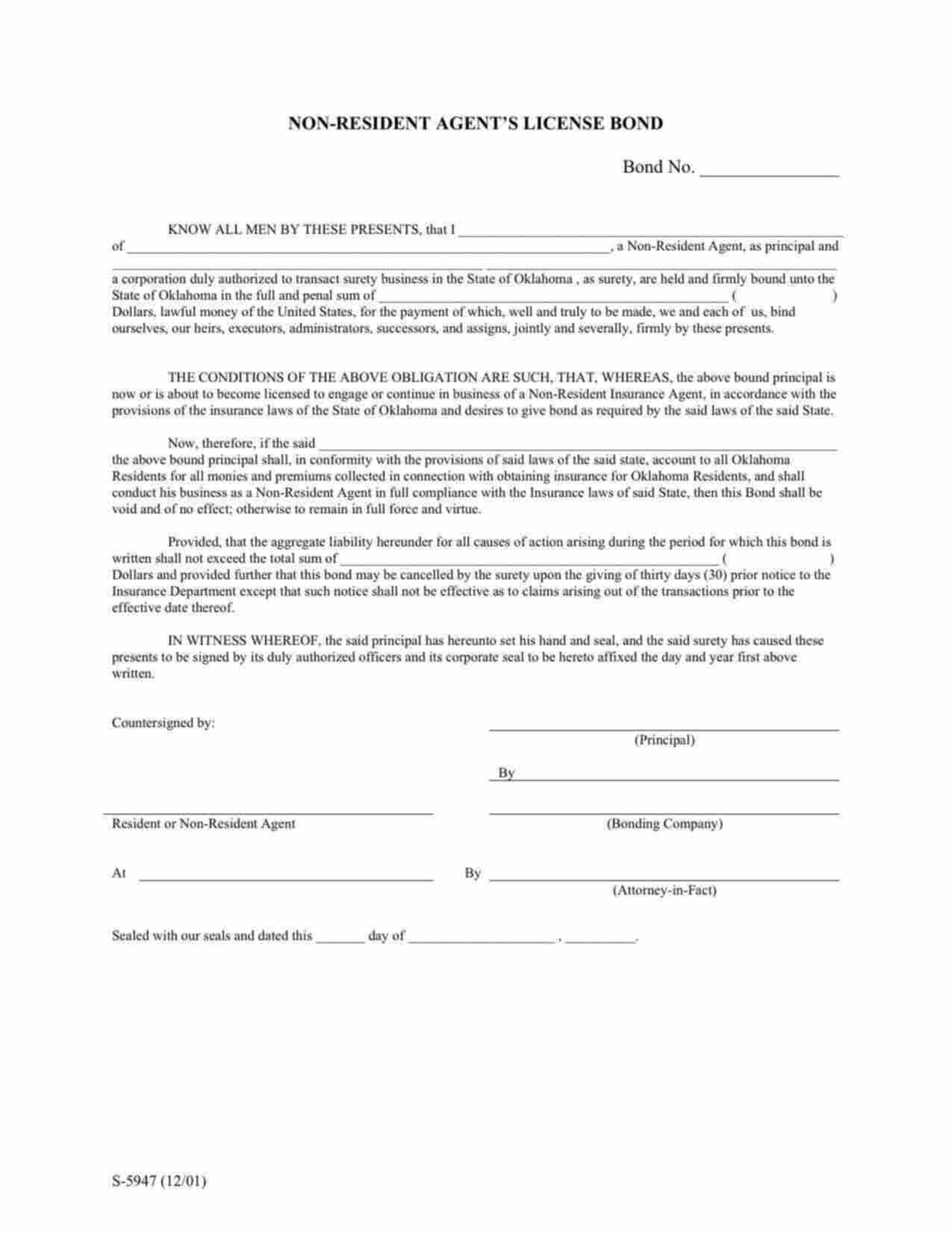Oklahoma Non-Resident Agent's License Bond Form