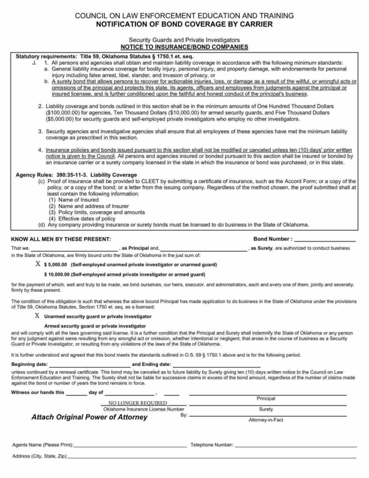 Oklahoma Unarmed Security Guard or Private Investigator Bond Form