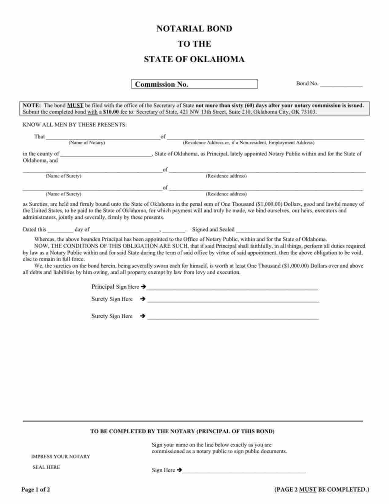 Oklahoma Notary Public Bond Form