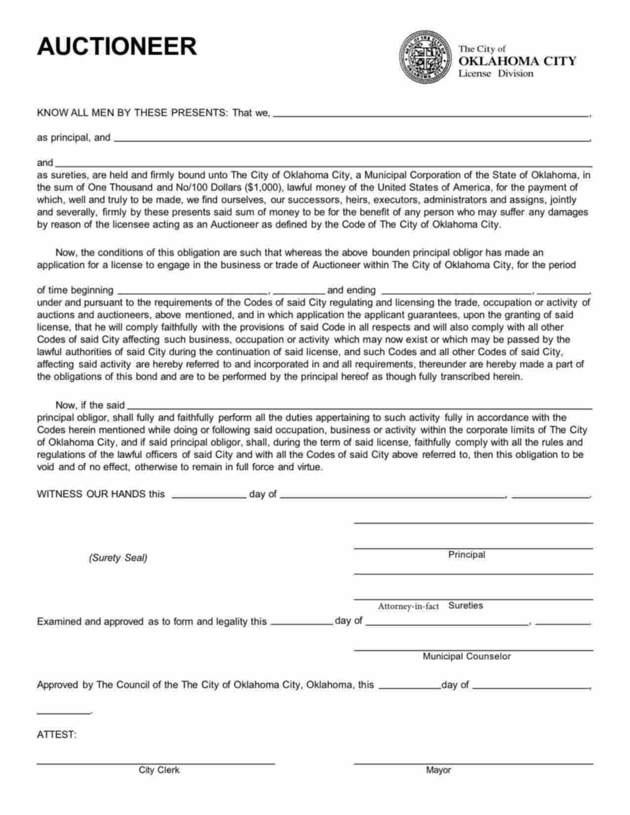 Oklahoma Auctioneer Bond Form