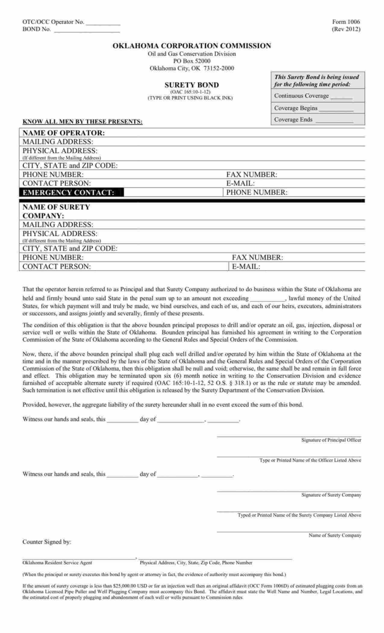 Oklahoma Drill and/or Operate Oil and Gas Well Bond Form