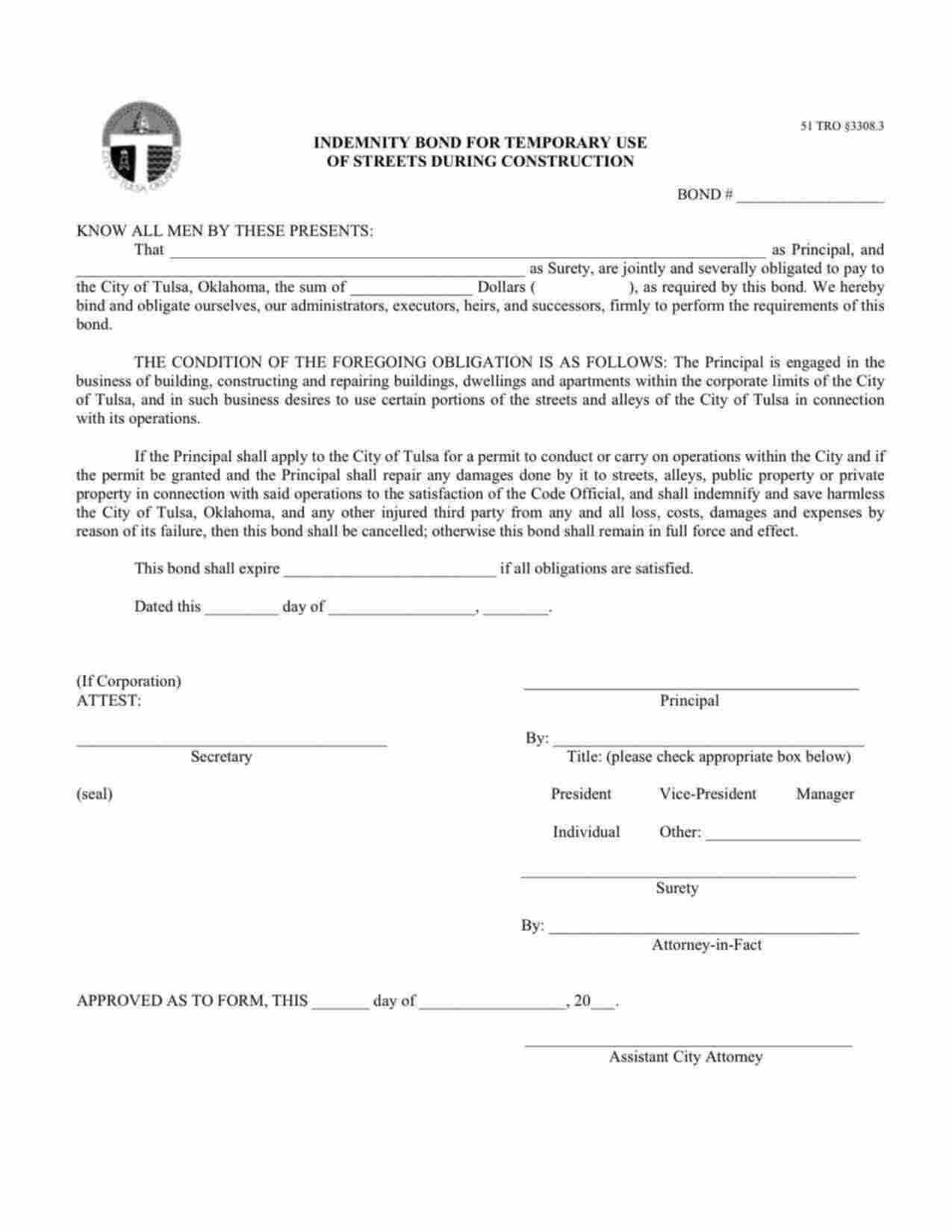 Oklahoma Temporary Use of Streets During Construction Bond Form