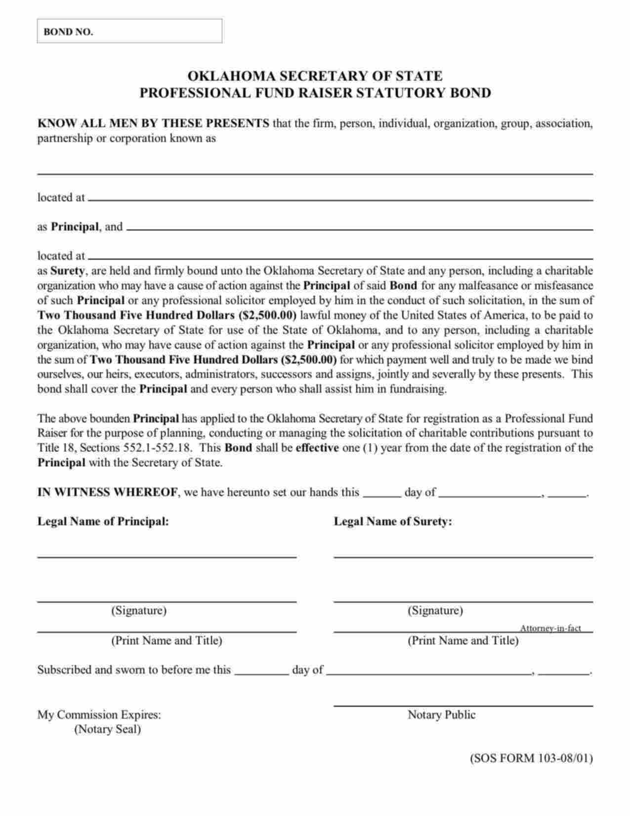 Oklahoma Professional Fund Raiser Bond Form