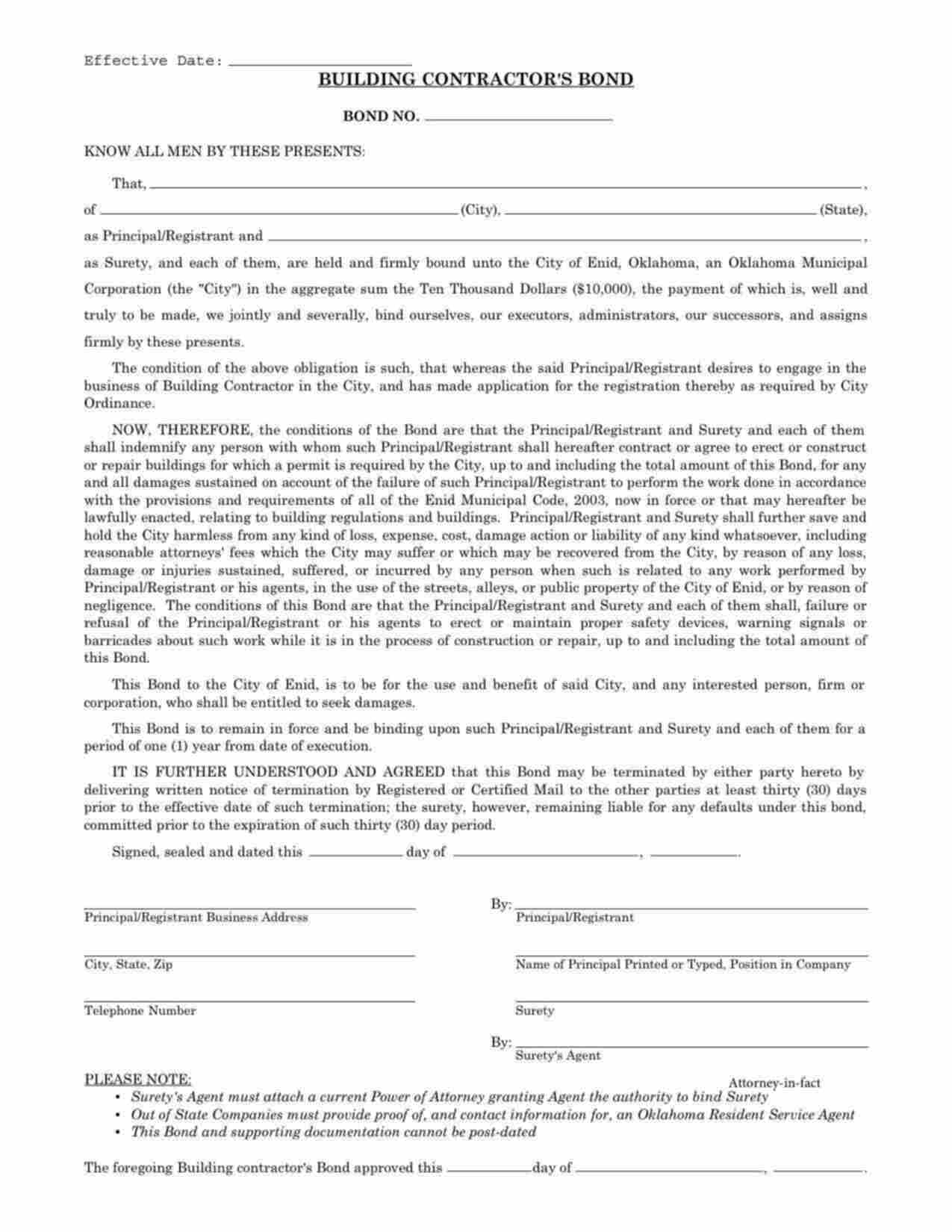 Oklahoma Building Contractor Bond Form