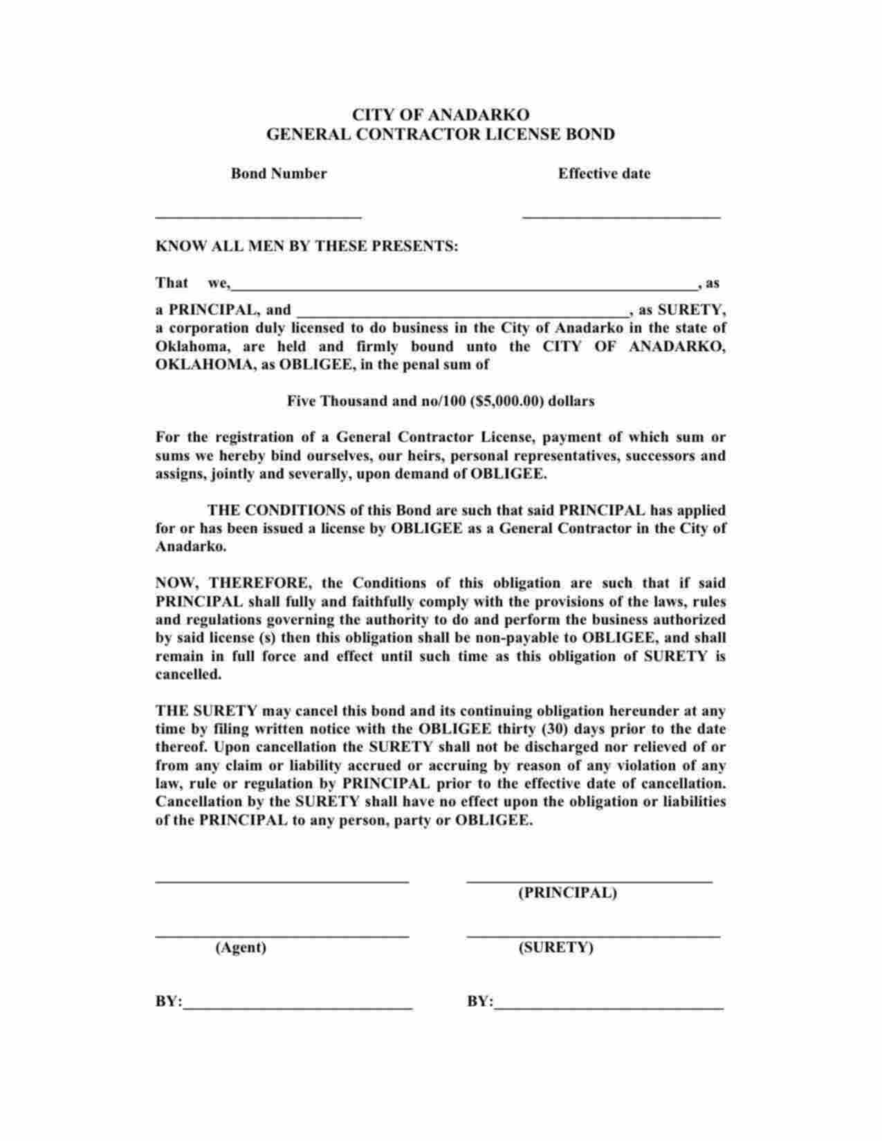 Oklahoma General Contractor License Bond Form