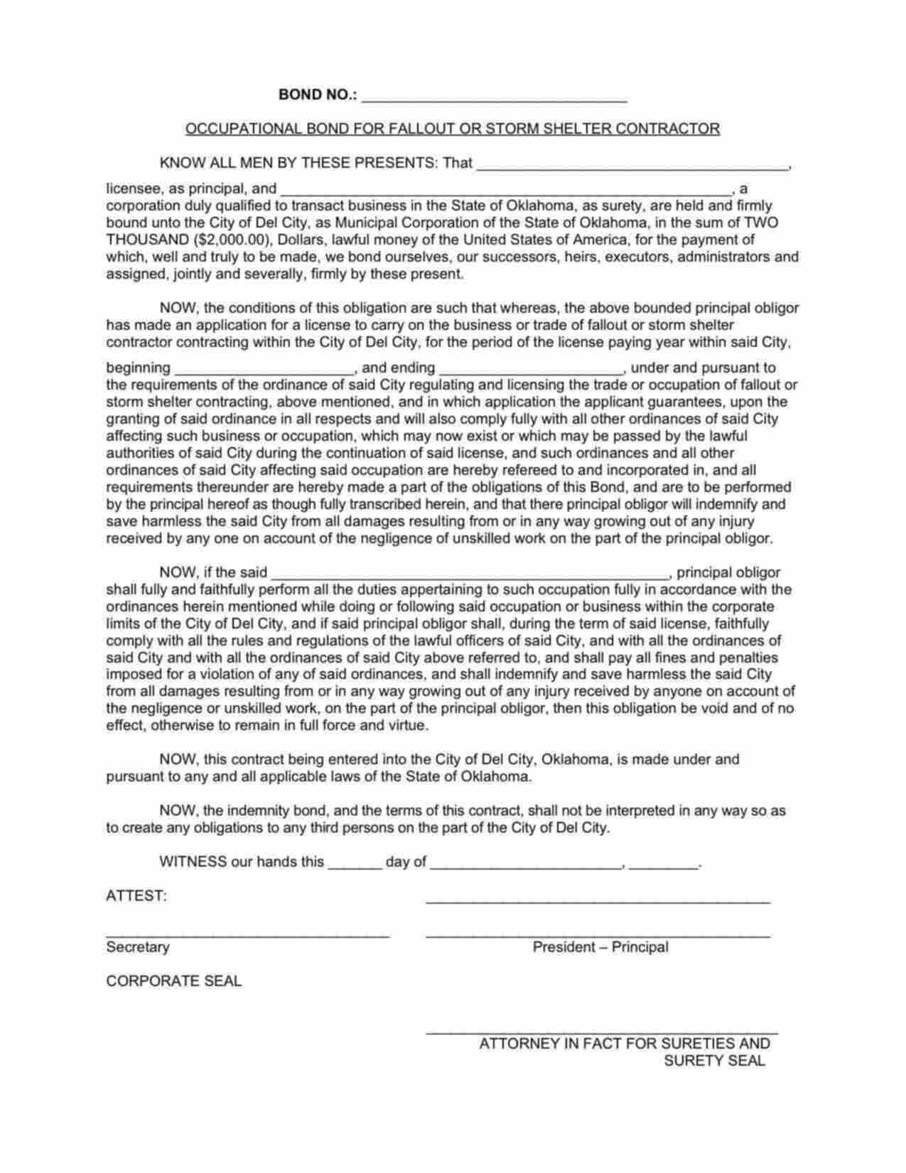 Oklahoma Fallout or Storm Shelter Contractor Bond Form