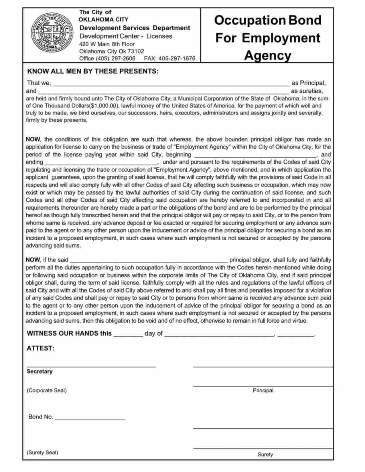 Oklahoma Employment Agency Bond Form