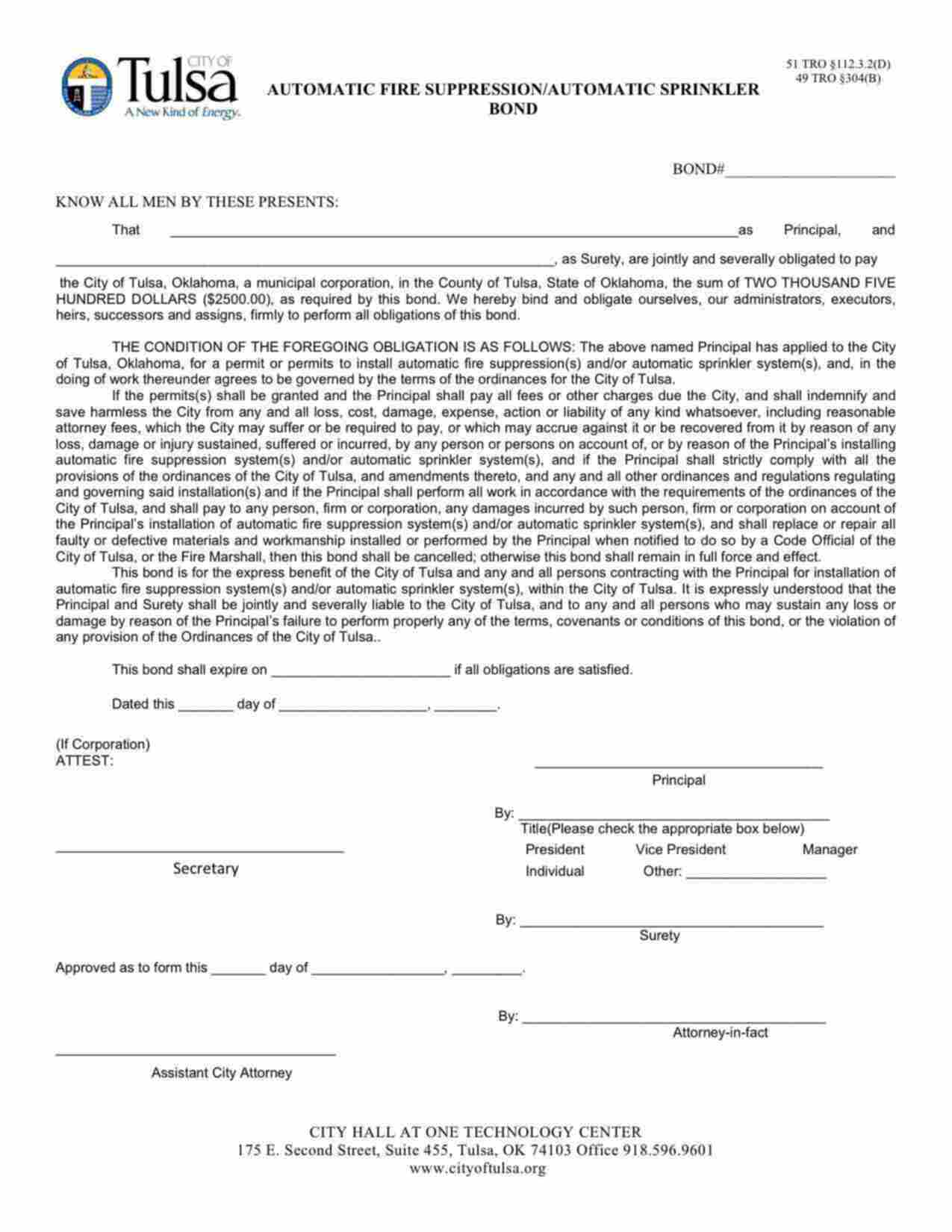 Oklahoma Automatic Fire Suppression / Automatic Sprinkler Bond Form