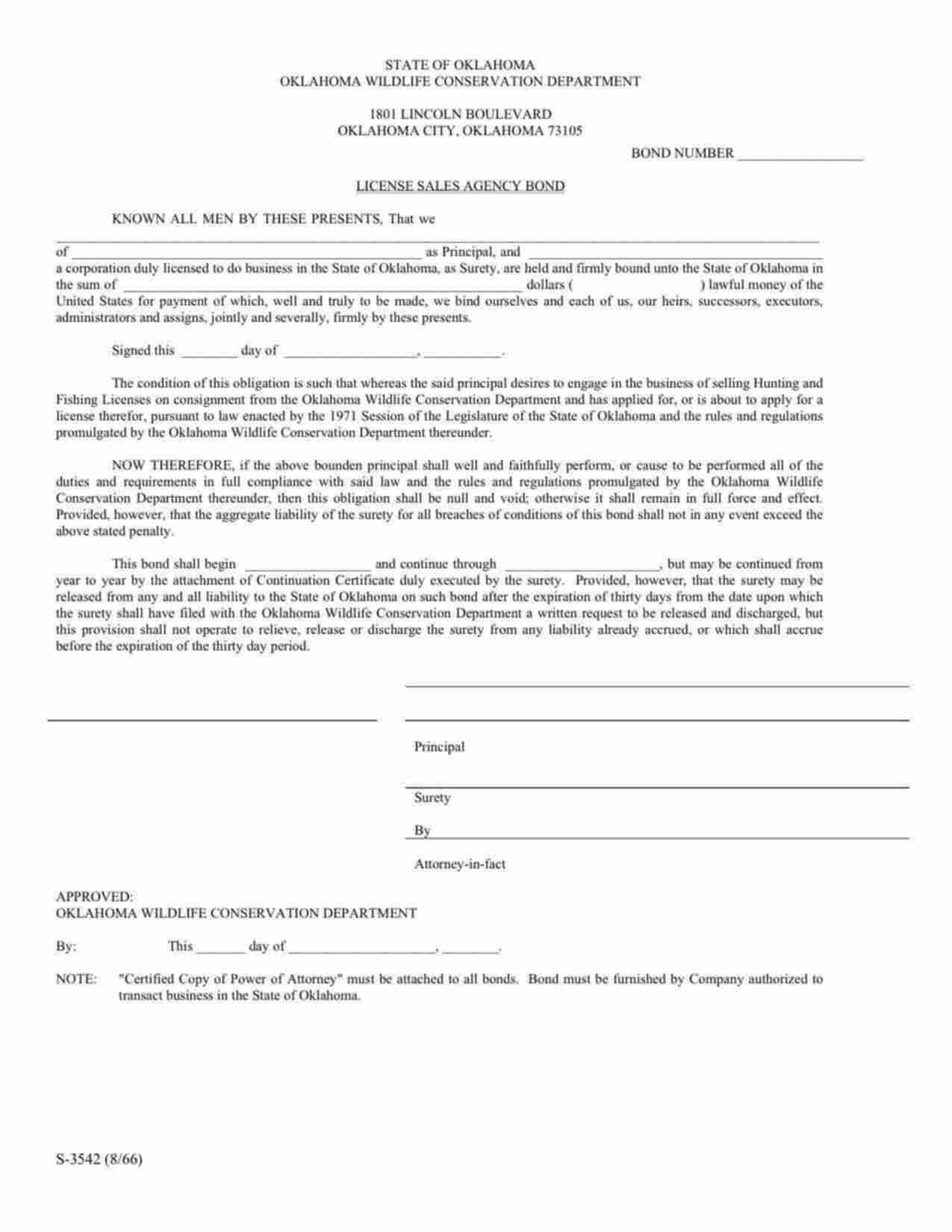 Oklahoma License Sales Agent: Hunting/Fishing Bond Form