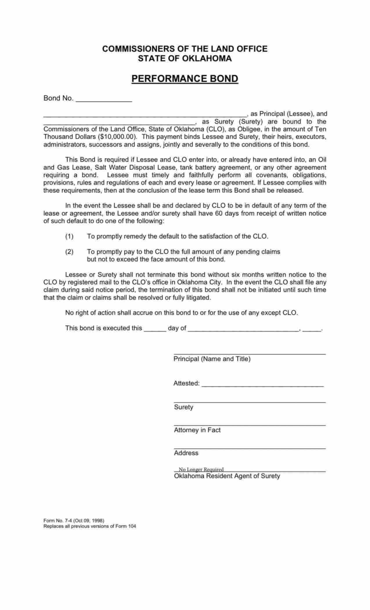 Oklahoma Oil and Gas/Salt Water/Tank Battery Lease Performance Bond Form