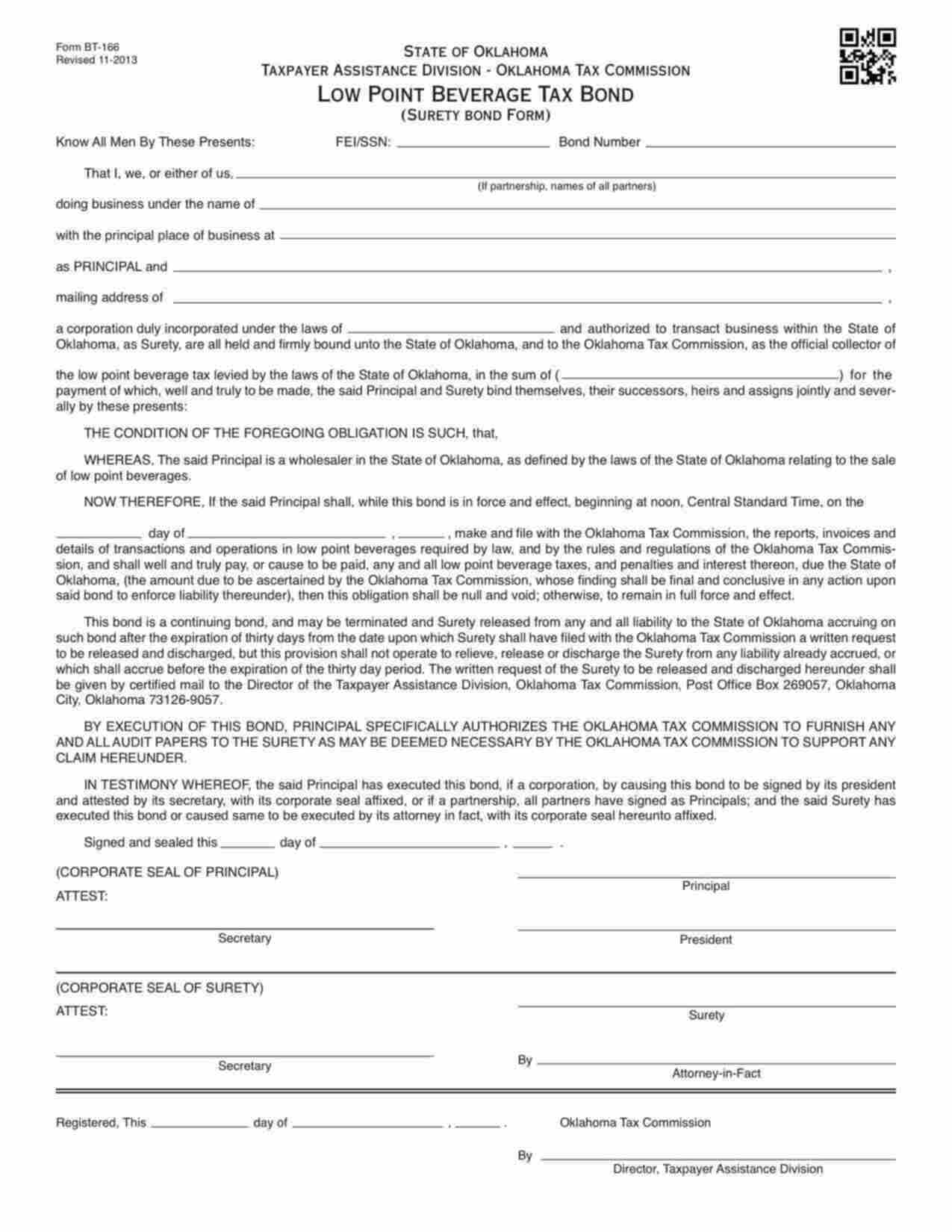 Oklahoma Low Point Beverage Tax Bond Form