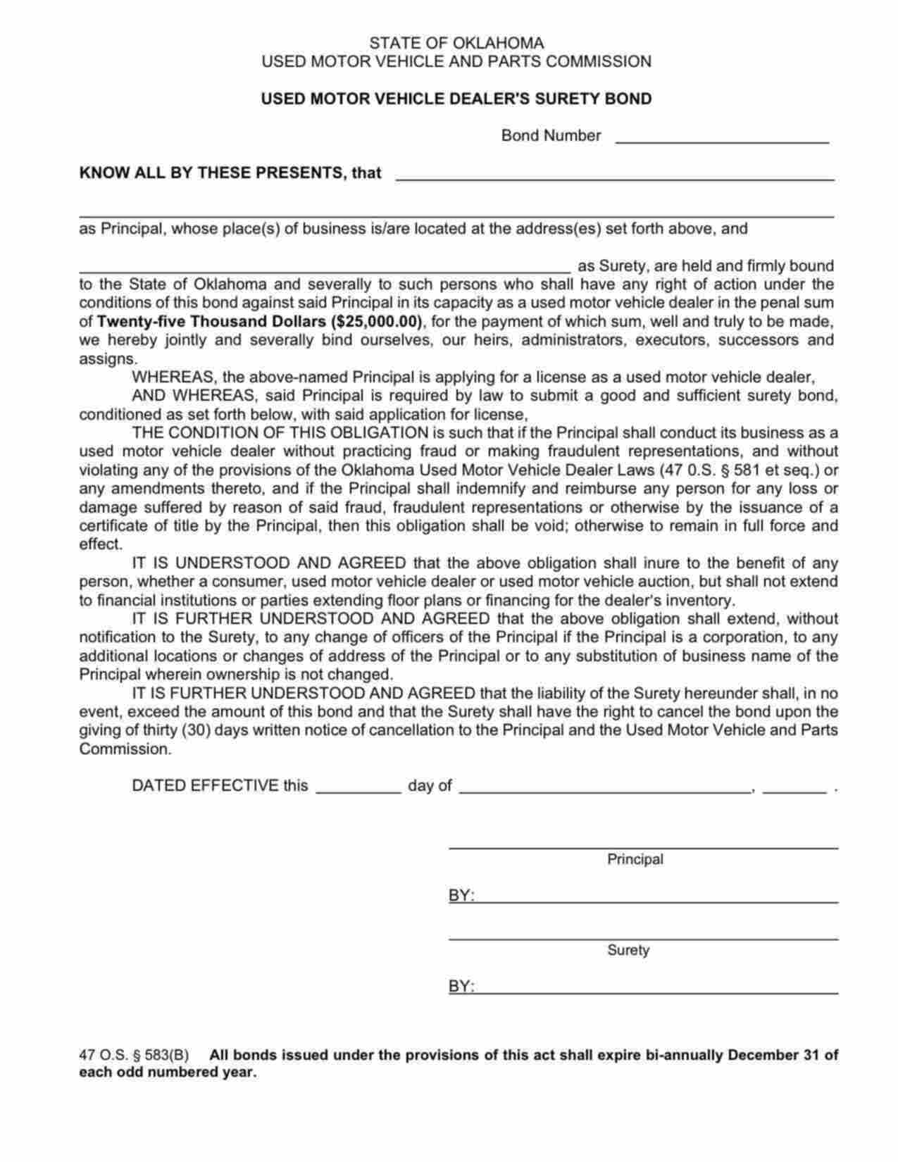 Oklahoma Used Motor Vehicle Dealer Bond Form